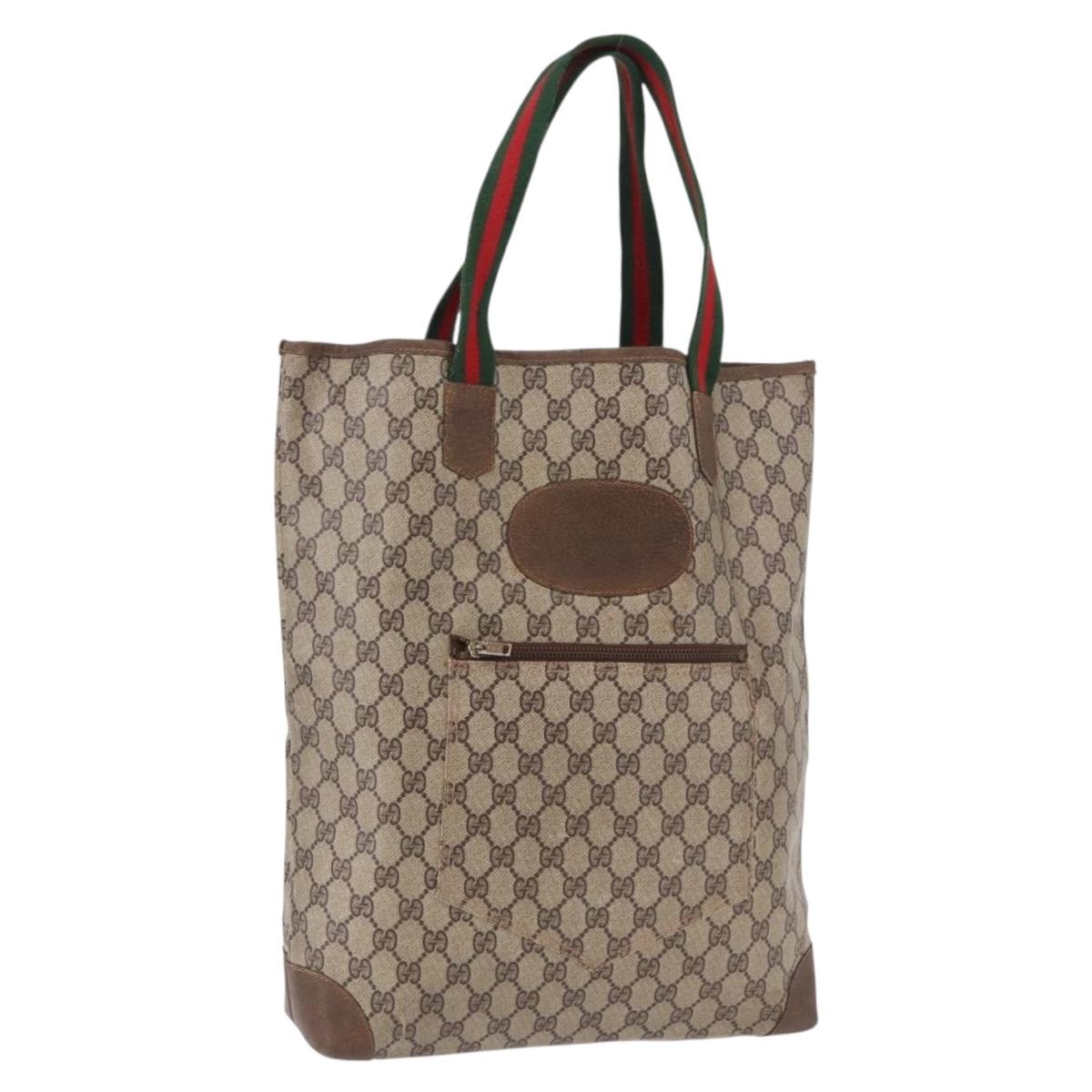 GUCCI GG Supreme Web Sherry Line Tote Bag PVC Leather Beige Auth bs36101