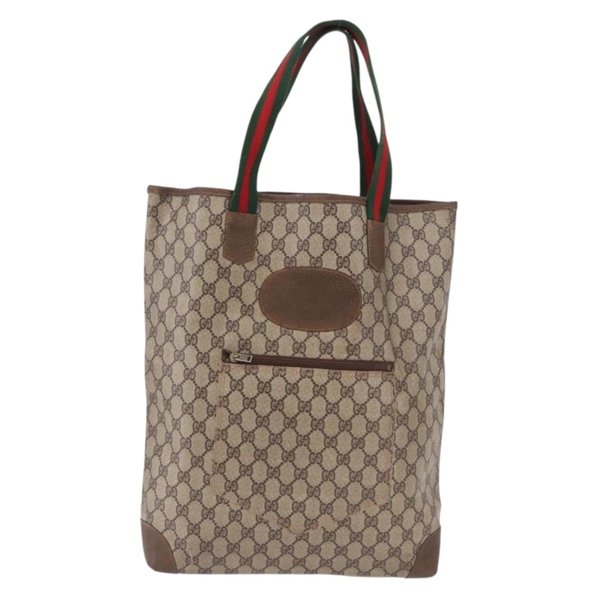 GUCCI GG Supreme Web Sherry Line Tote Bag PVC Leather Beige Auth bs36101