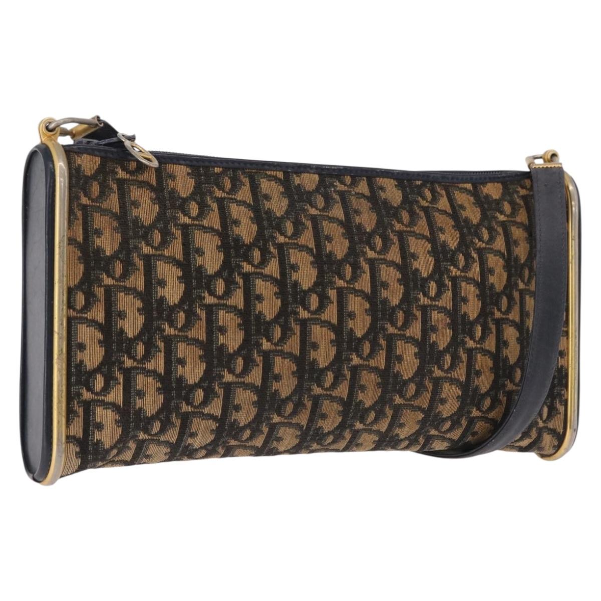Christian Dior Trotter Canvas Shoulder Bag Navy Gold Auth bs36117