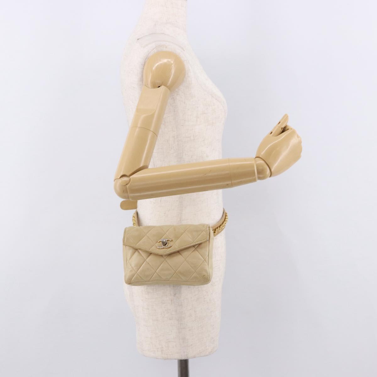 CHANEL Matelasse Waist bag Lamb Skin Beige Gold CC Auth bs36144