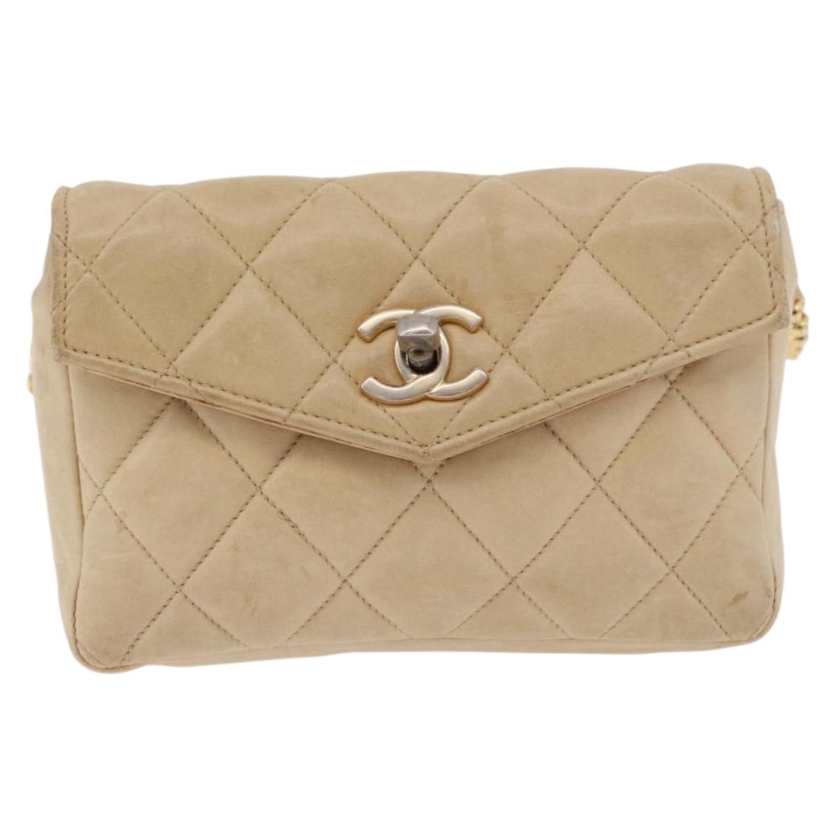 CHANEL Matelasse Waist bag Lamb Skin Beige Gold CC Auth bs36144