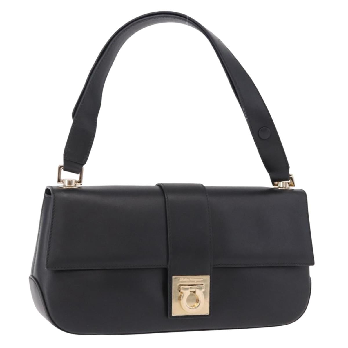 Salvatore Ferragamo Gancini Hand Bag Leather Black Gold Auth bs36169V