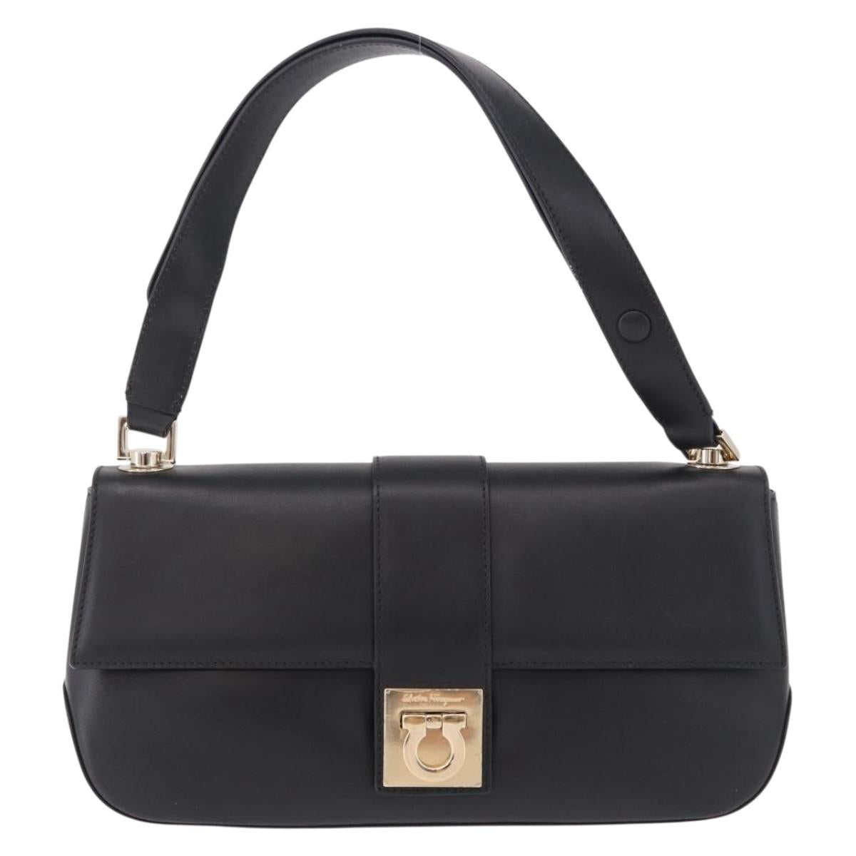 Salvatore Ferragamo Gancini Hand Bag Leather Black Gold Auth bs36169V