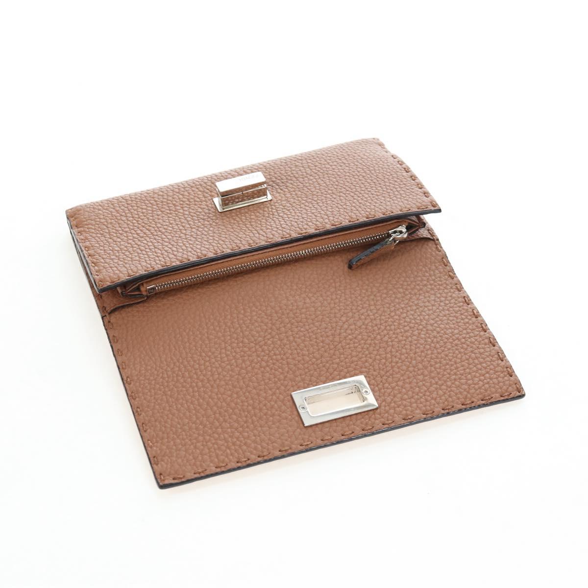 FENDI Seleria Peek A Boo Long Wallet Leather Brown Silver Auth bs36174A