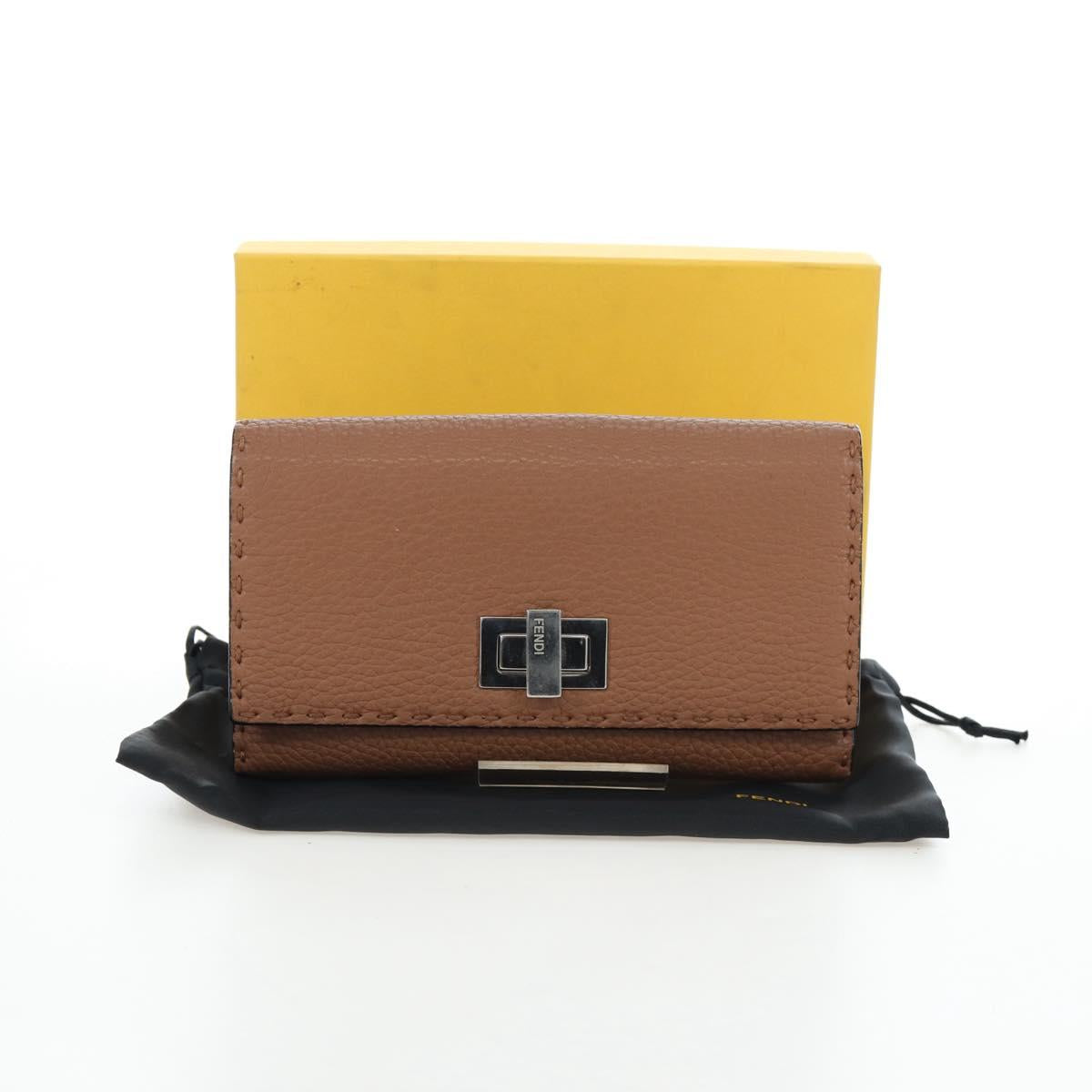 FENDI Seleria Peek A Boo Long Wallet Leather Brown Silver Auth bs36174A