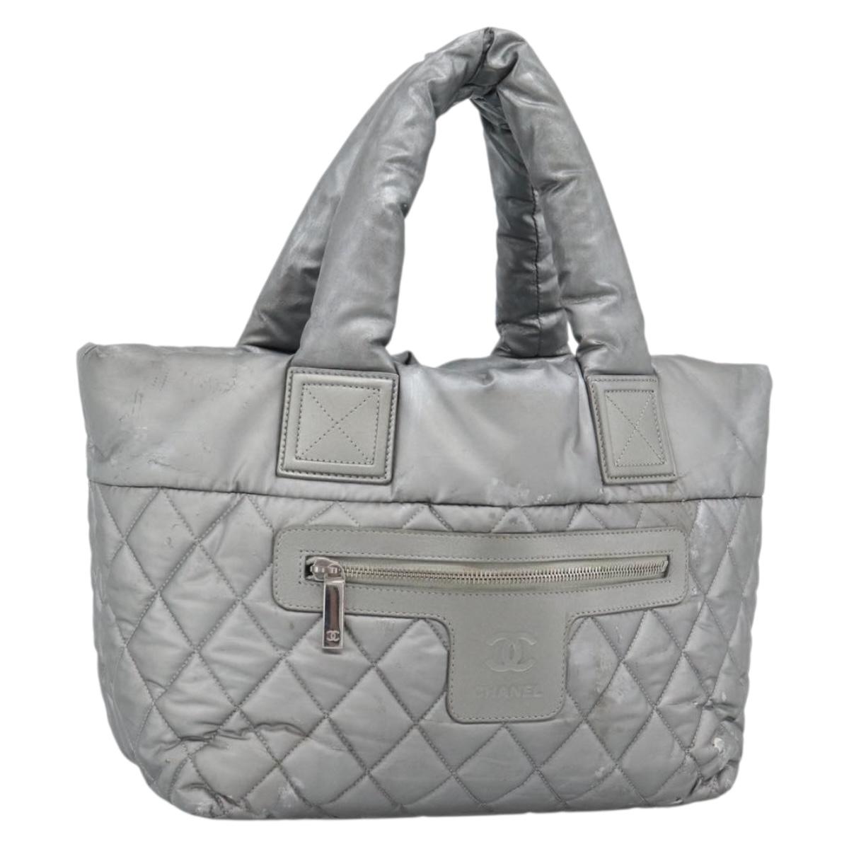 CHANEL Cococoon Tote Bag Coated Canvas Silver CC Auth bs36183