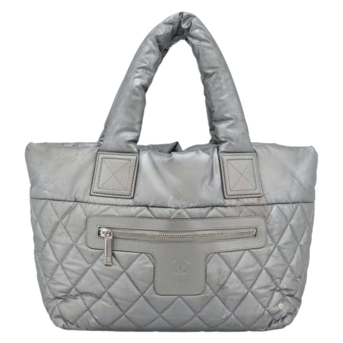 CHANEL Cococoon Tote Bag Coated Canvas Silver CC Auth bs36183