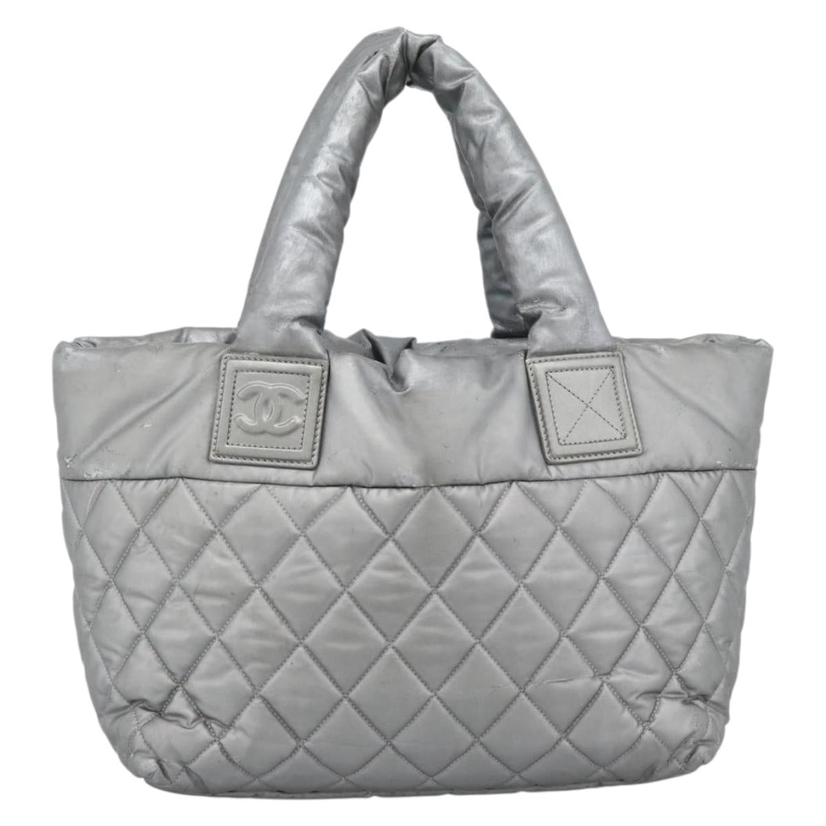 CHANEL Cococoon Tote Bag Coated Canvas Silver CC Auth bs36183