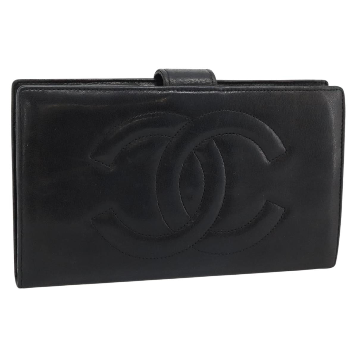 CHANEL COCO Mark Long Wallet Leather Black CC Auth bs36189