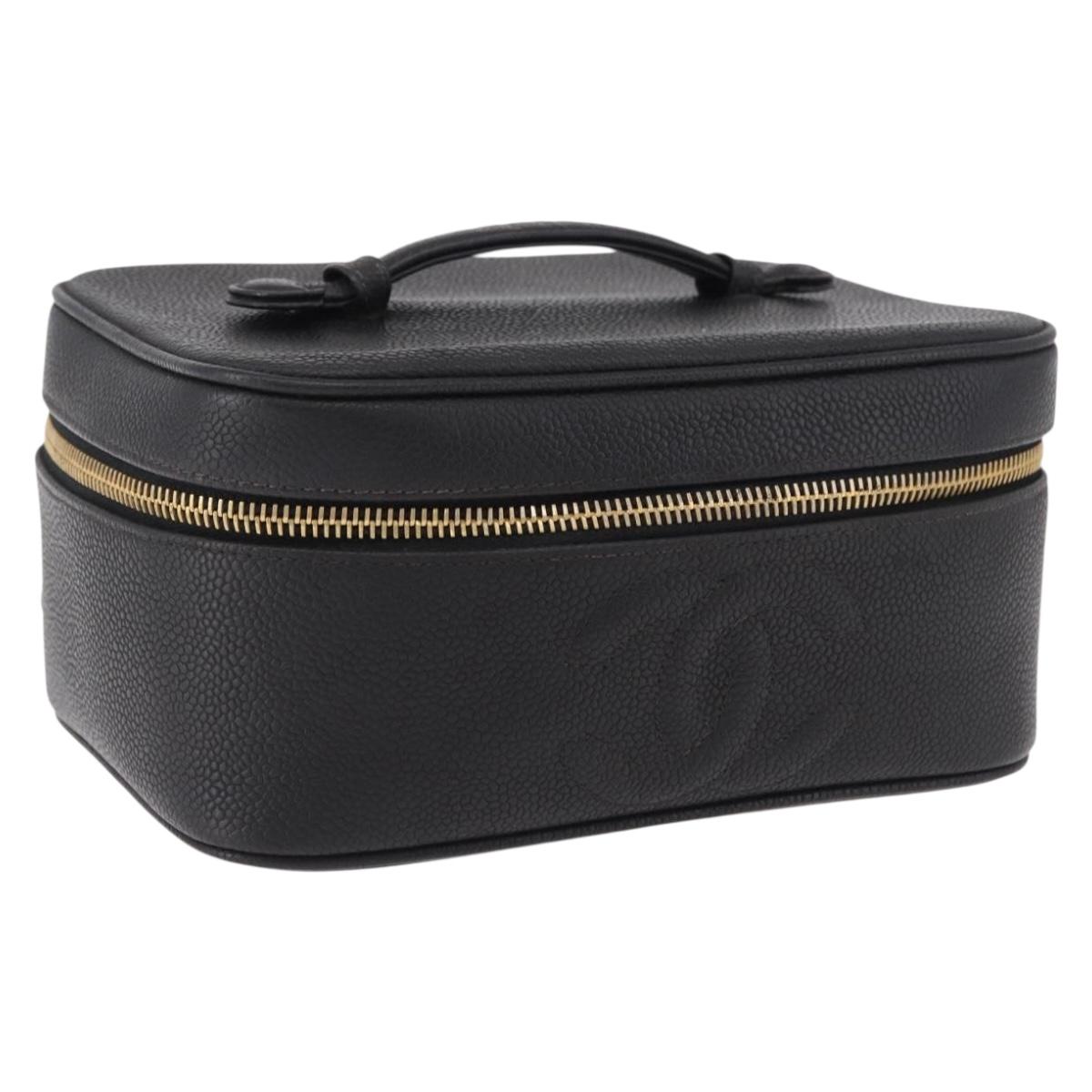 CHANEL COCO Mark Vanity Hand Bag Caviar Skin Black Gold CC Auth bs36190