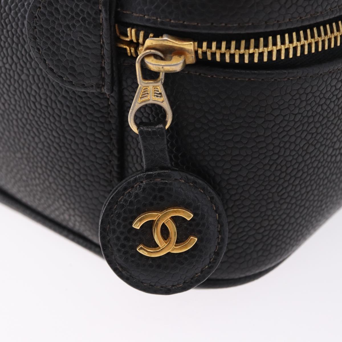 CHANEL COCO Mark Vanity Hand Bag Caviar Skin Black Gold CC Auth bs36190