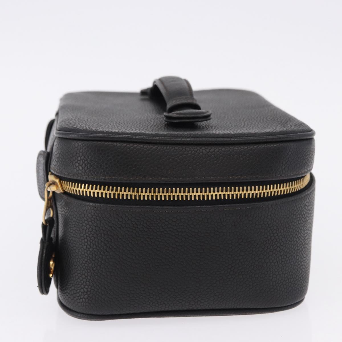 CHANEL COCO Mark Vanity Hand Bag Caviar Skin Black Gold CC Auth bs36190