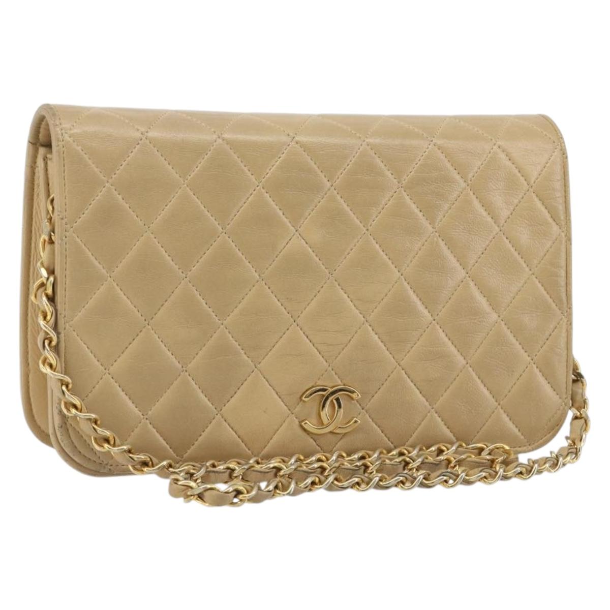CHANEL Matelasse Chain Shoulder Bag Lamb Skin Beige Gold CC Auth bs36192