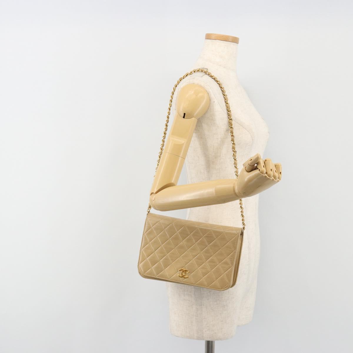 CHANEL Matelasse Chain Shoulder Bag Lamb Skin Beige Gold CC Auth bs36192
