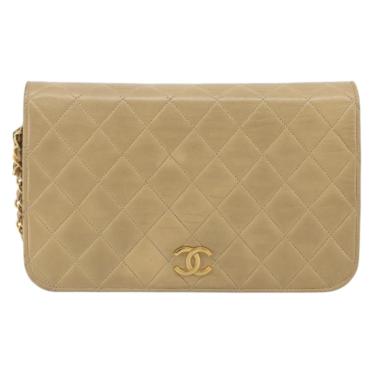 CHANEL Matelasse Chain Shoulder Bag Lamb Skin Beige Gold CC Auth bs36192
