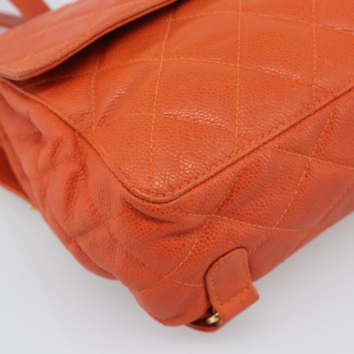 CHANEL Matelasse Backpack Caviar Skin Orange Gold CC Auth bs36193