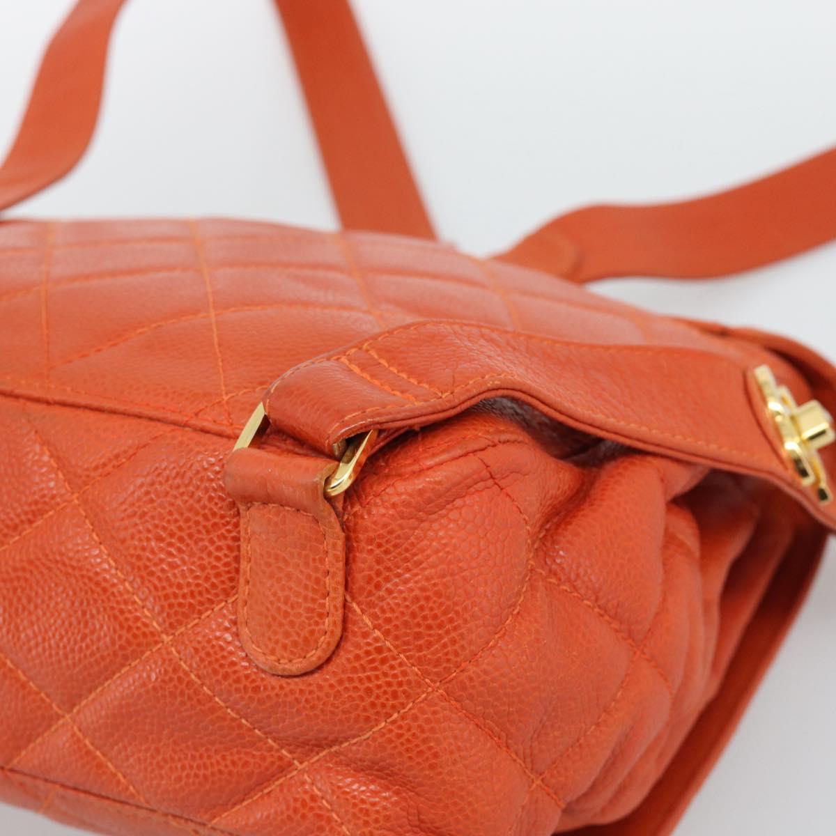 CHANEL Matelasse Backpack Caviar Skin Orange Gold CC Auth bs36193