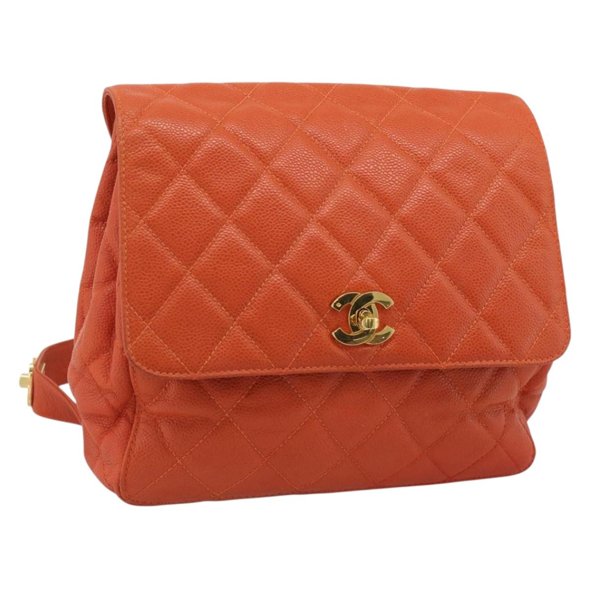 CHANEL Matelasse Backpack Caviar Skin Orange Gold CC Auth bs36193