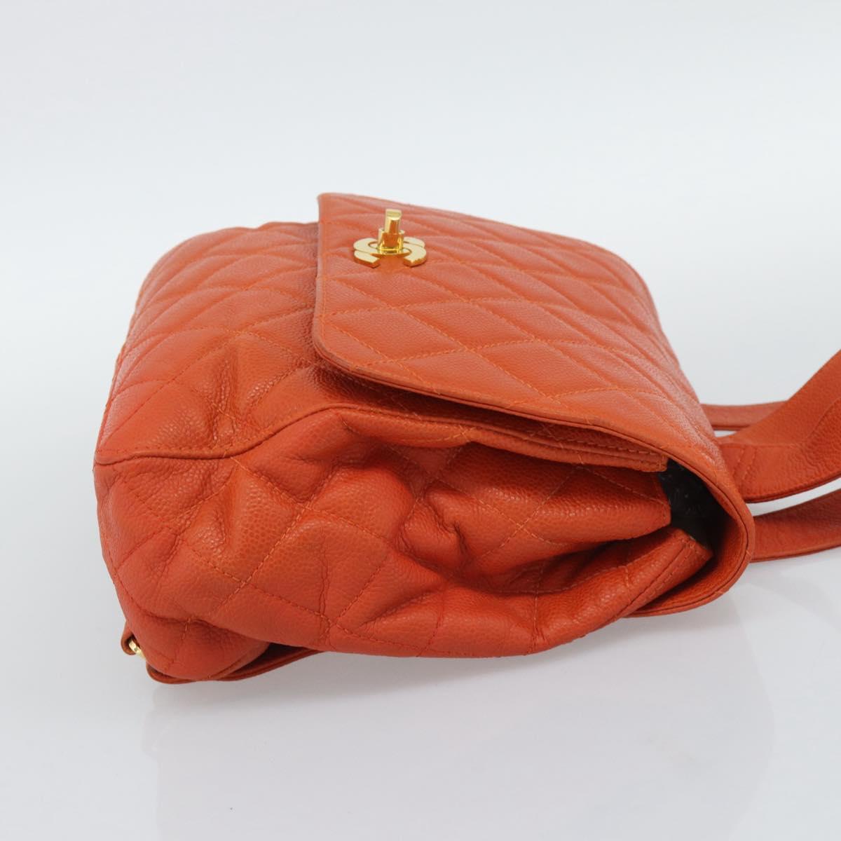 CHANEL Matelasse Backpack Caviar Skin Orange Gold CC Auth bs36193