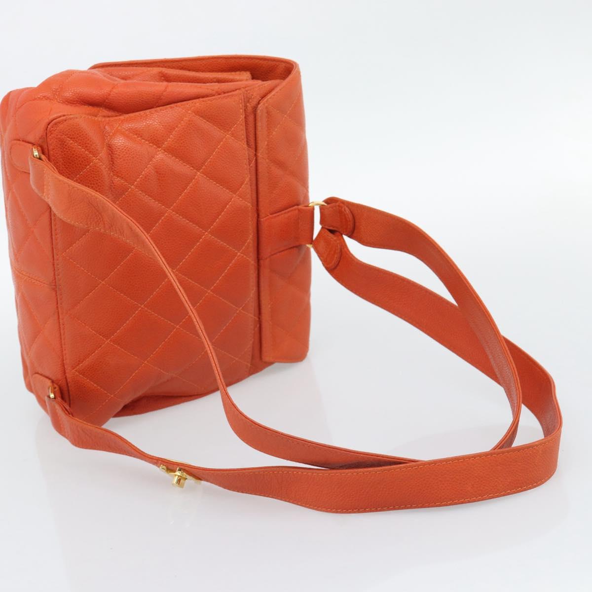 CHANEL Matelasse Backpack Caviar Skin Orange Gold CC Auth bs36193