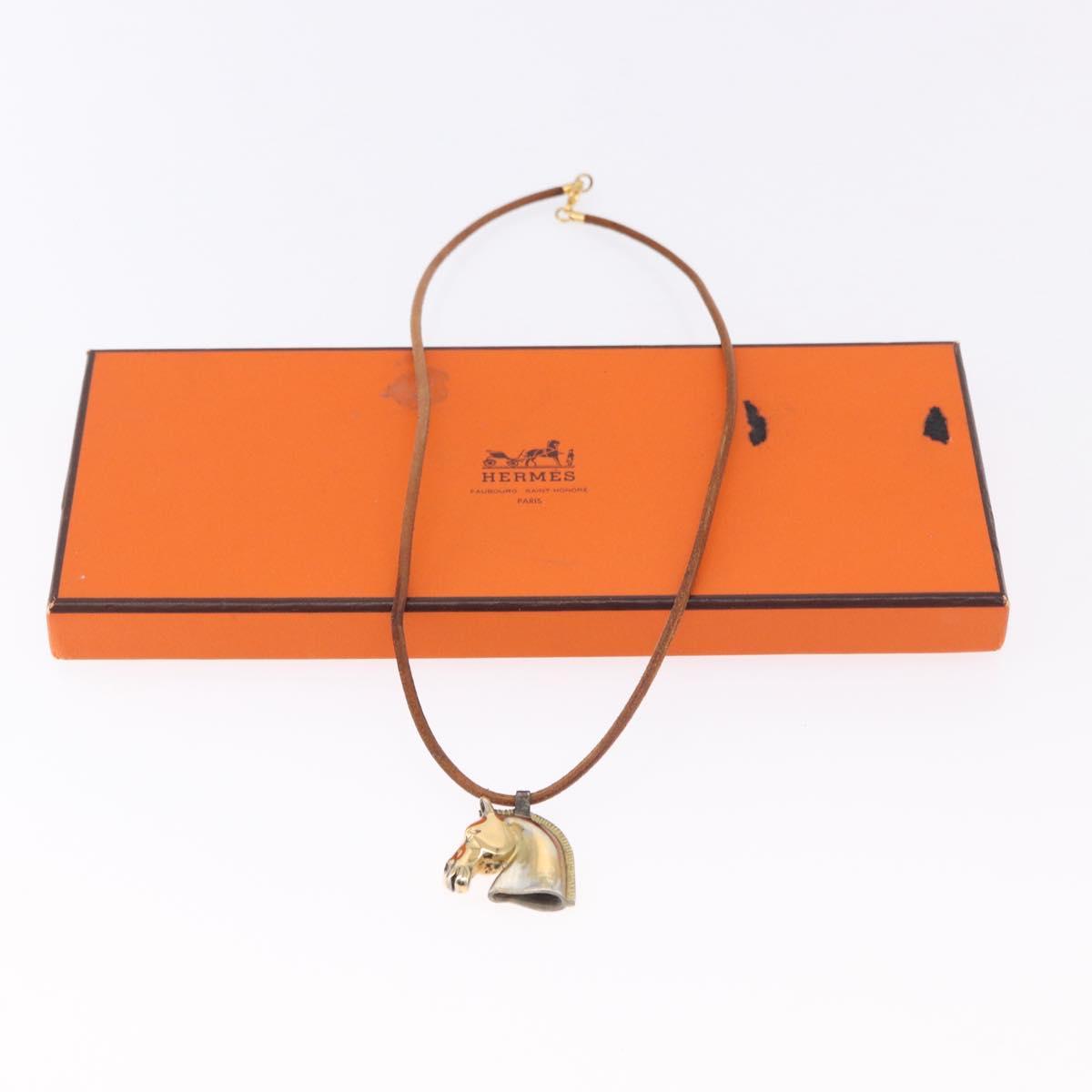 HERMES Shuval Necklace Leather Brown Auth bs36204