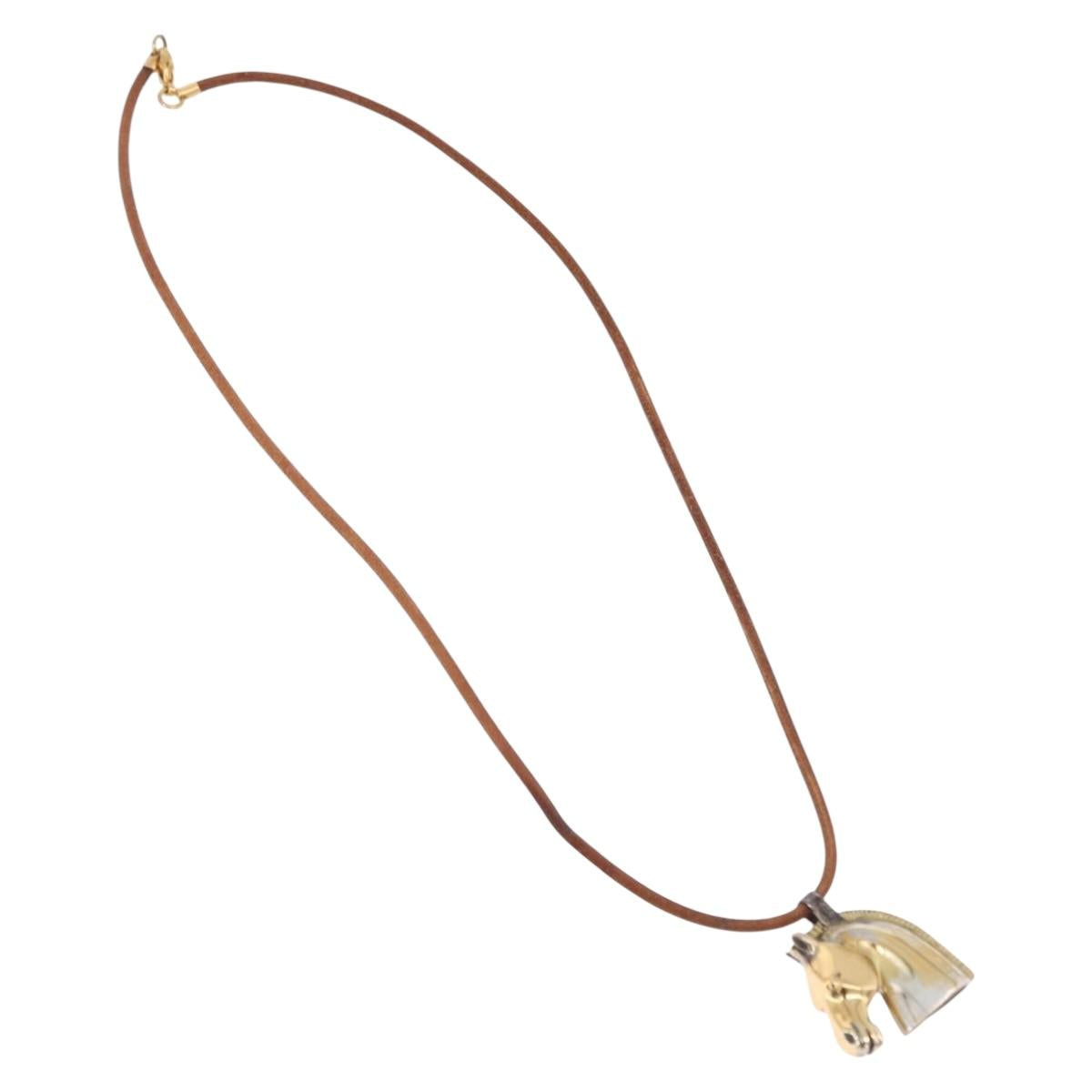 HERMES Shuval Necklace Leather Brown Auth bs36204