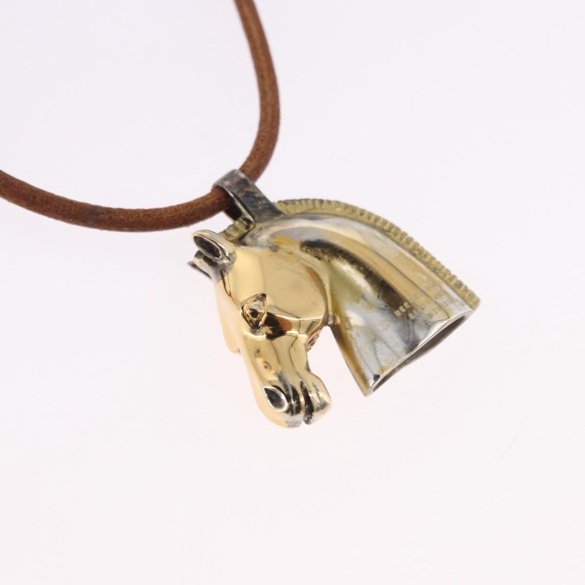 HERMES Shuval Necklace Leather Brown Auth bs36204