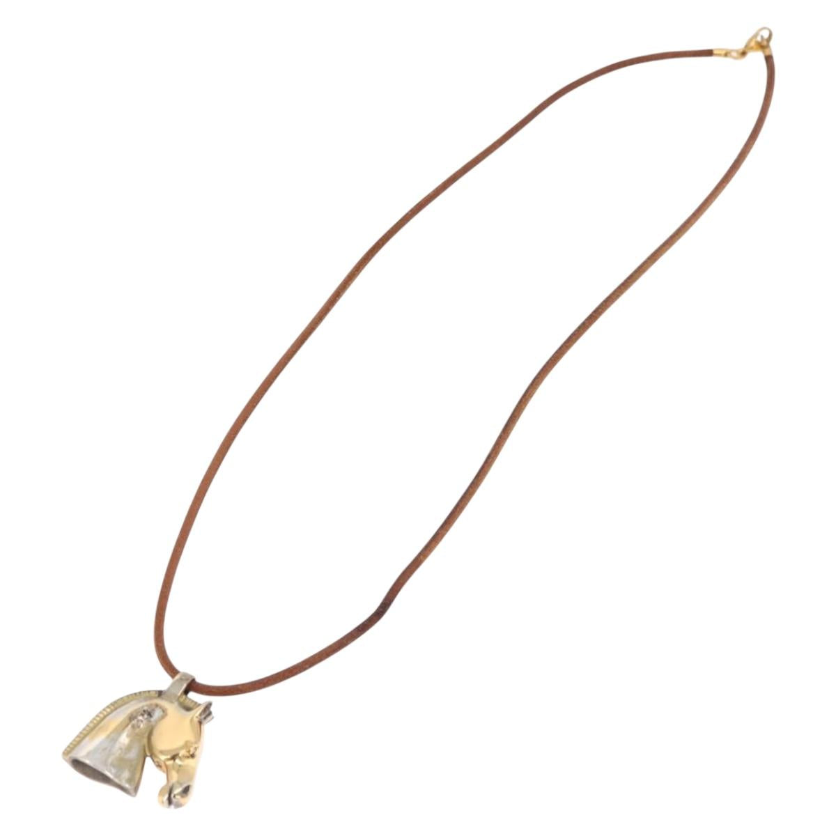 HERMES Shuval Necklace Leather Brown Auth bs36204