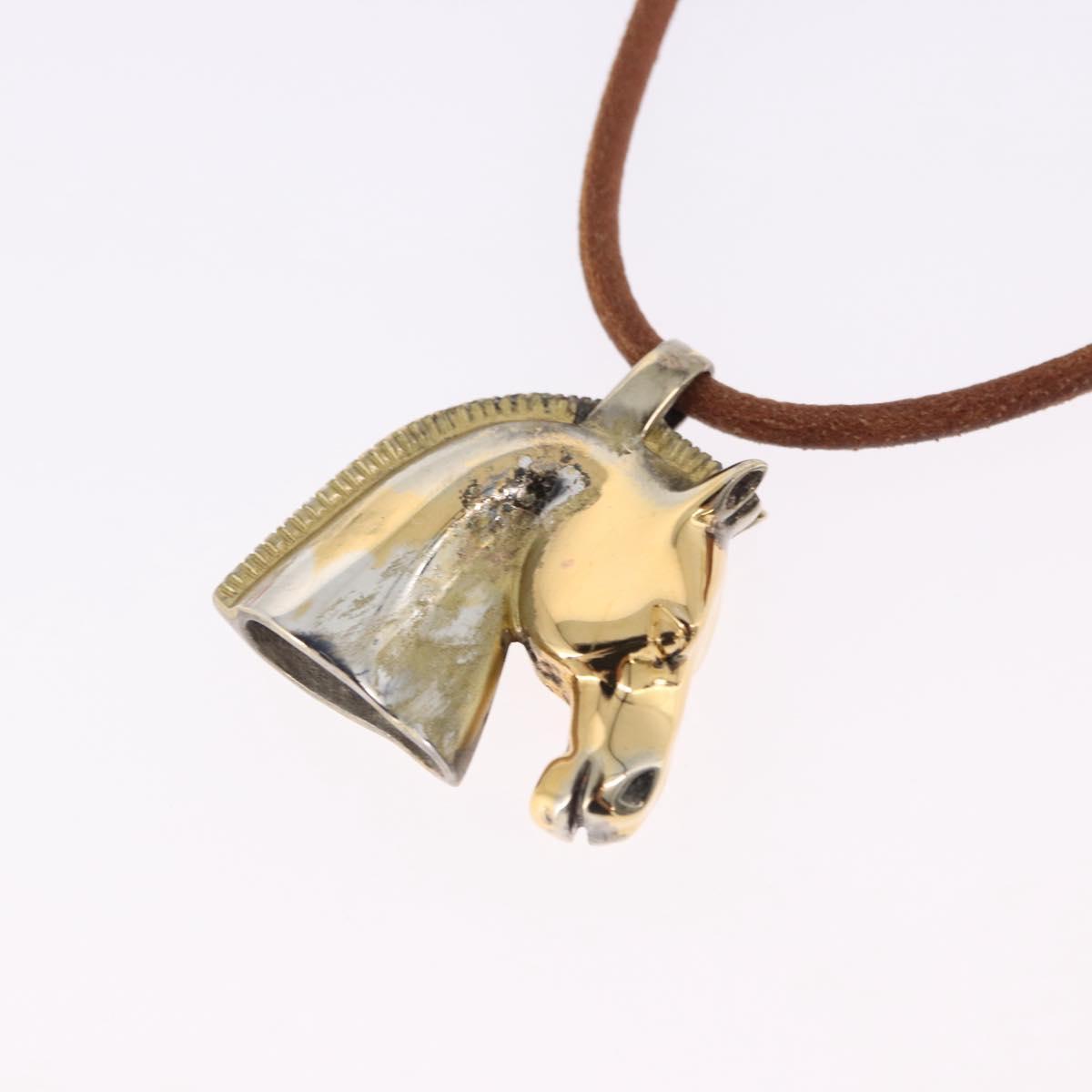 HERMES Shuval Necklace Leather Brown Auth bs36204