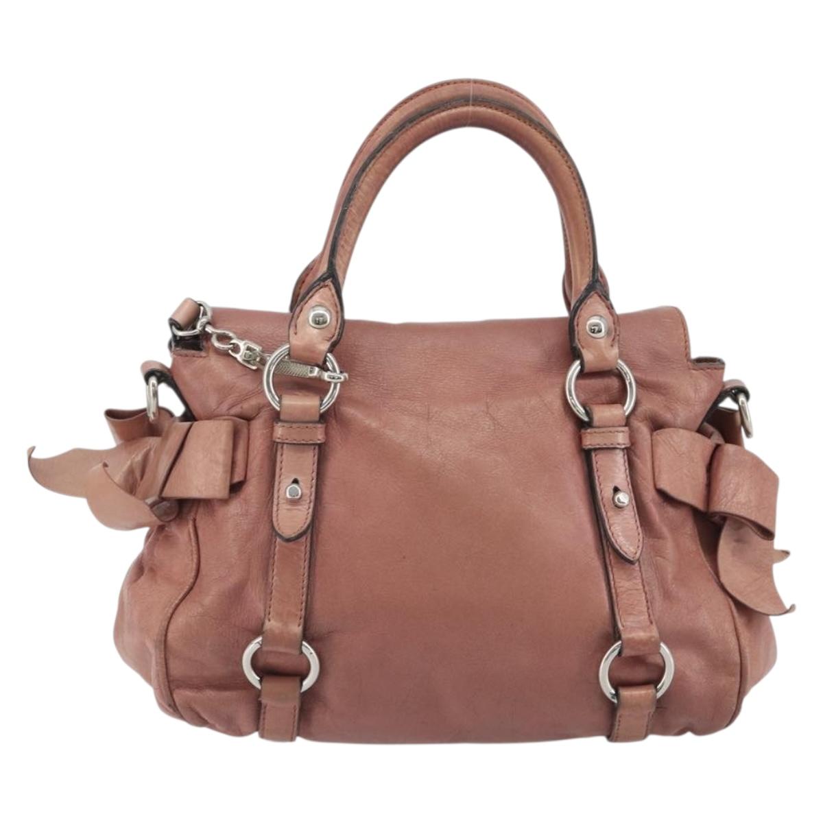 Miu Miu Side Ribbon Hand Bag Leather 2way Pink Silver Auth bs36207