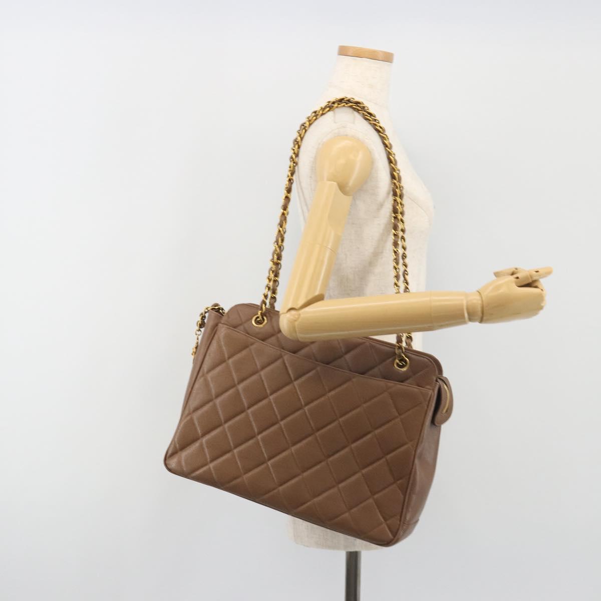 CHANEL Matelasse Chain Shoulder Bag Caviar Skin Brown Gold CC Auth bs36224V