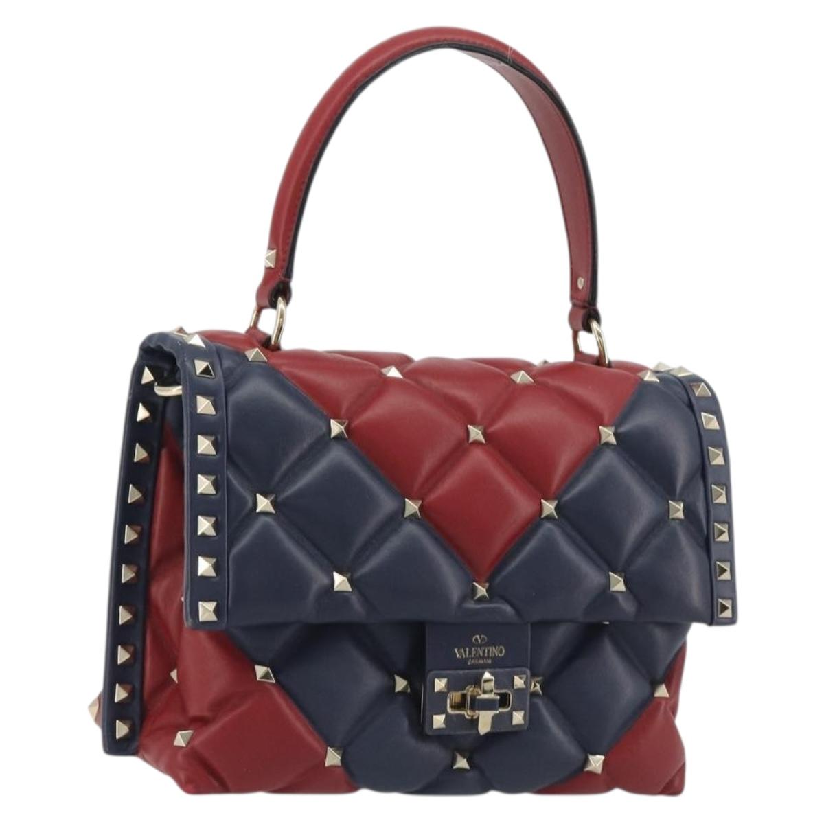 VALENTINO Studs Hand Bag Leather 2way Red Navy Gold Auth bs36227A