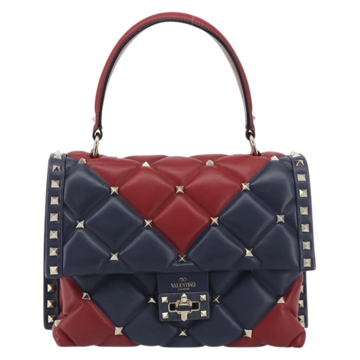VALENTINO Studs Hand Bag Leather 2way Red Navy Gold Auth bs36227A