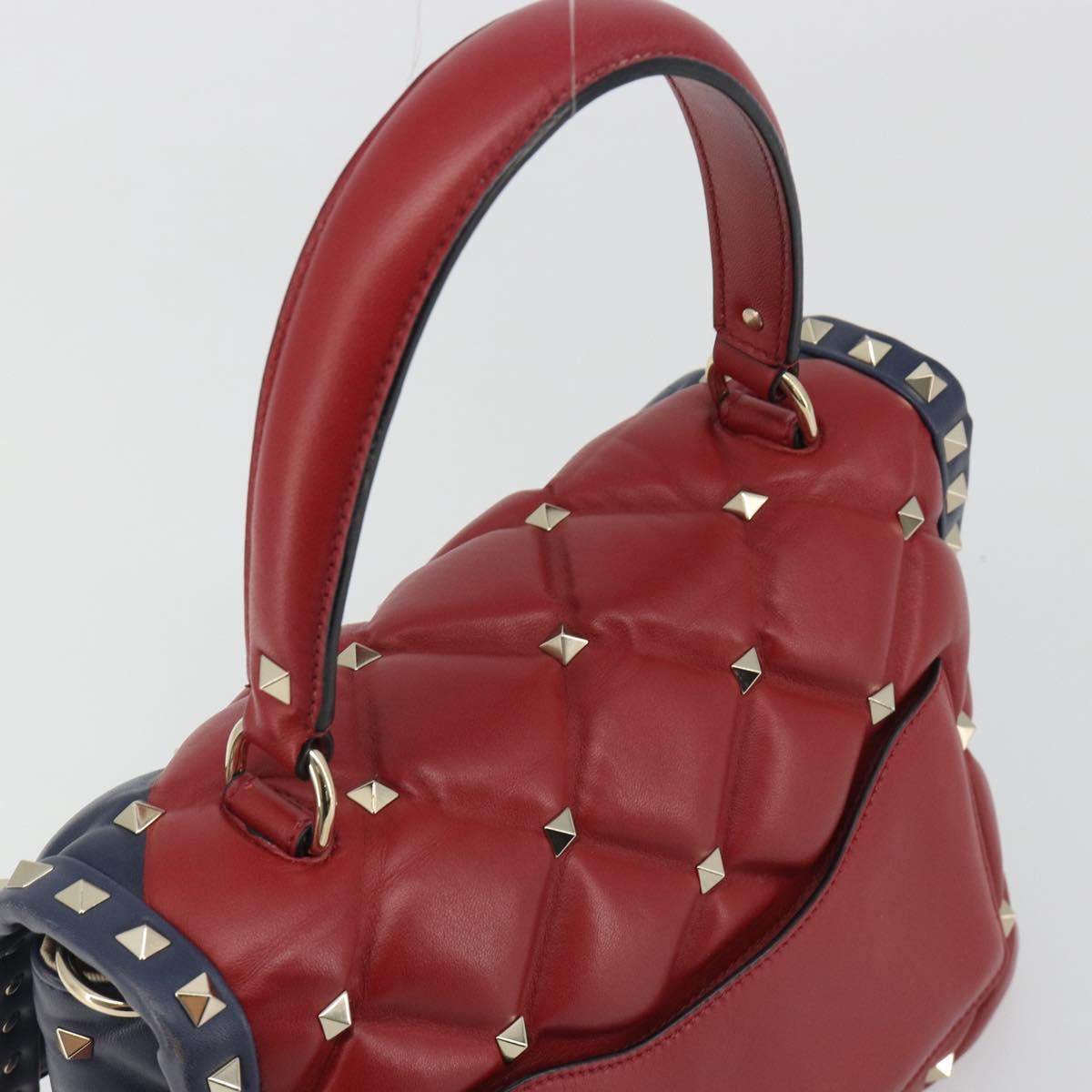 VALENTINO Studs Hand Bag Leather 2way Red Navy Gold Auth bs36227A
