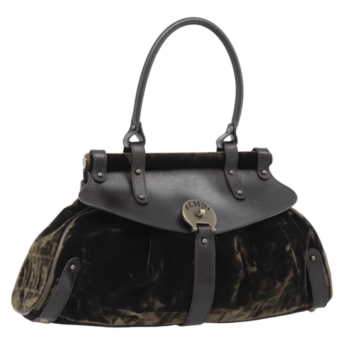 FENDI Hand Bag Velor Brown Gold Auth bs36234