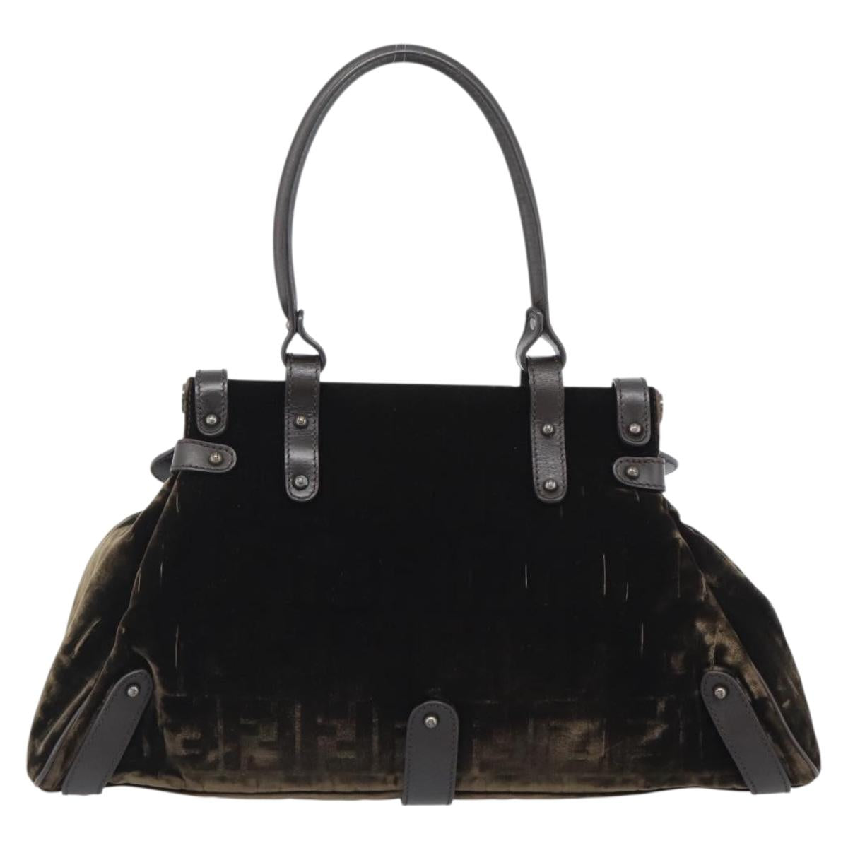 FENDI Hand Bag Velor Brown Gold Auth bs36234
