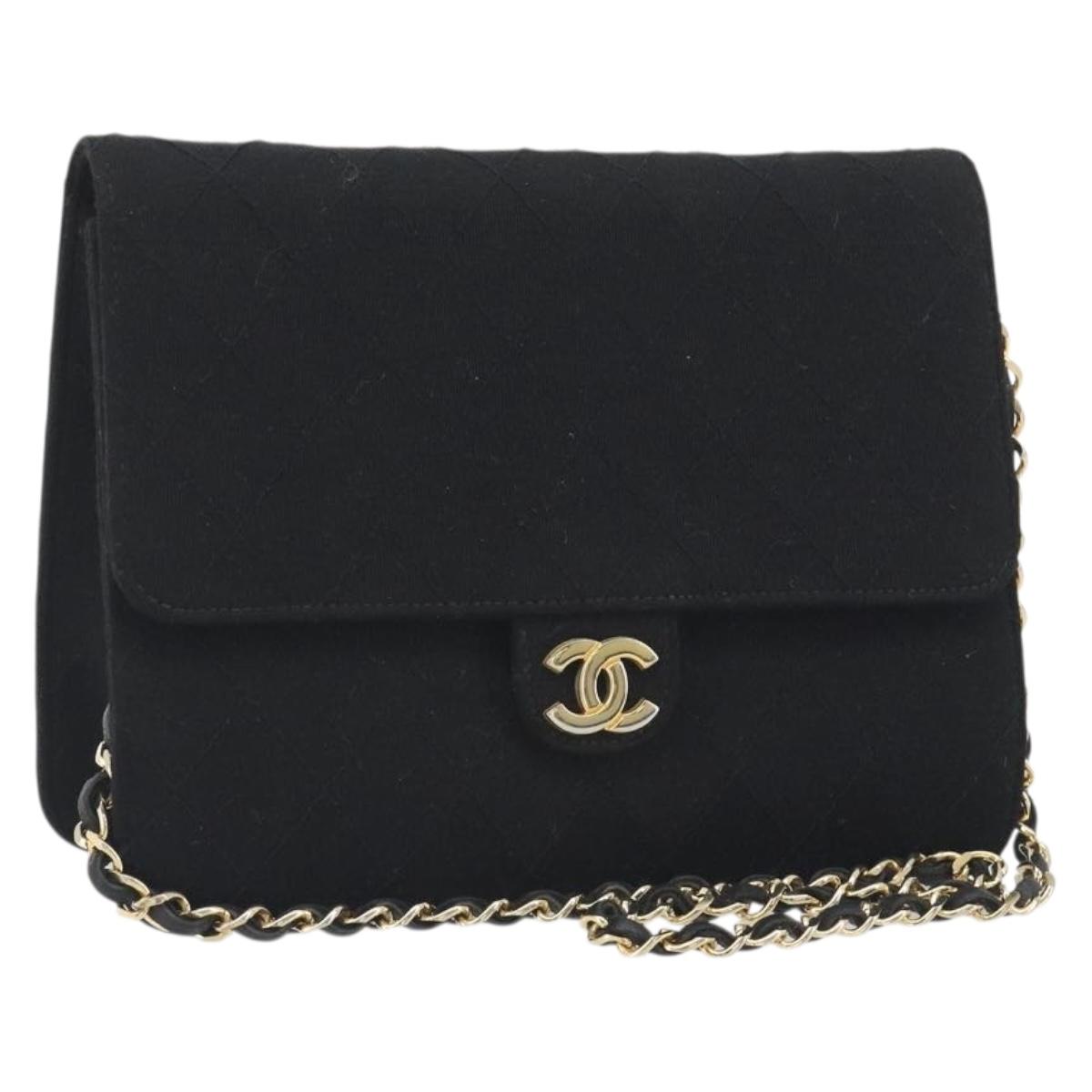 CHANEL Matelasse Chain Shoulder Bag Cotton Black Gold CC Auth bs36236