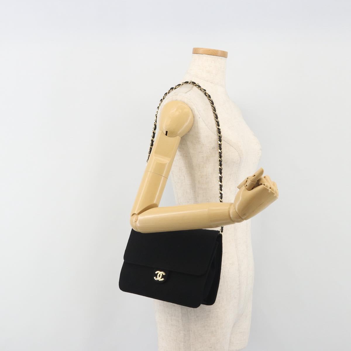 CHANEL Matelasse Chain Shoulder Bag Cotton Black Gold CC Auth bs36236
