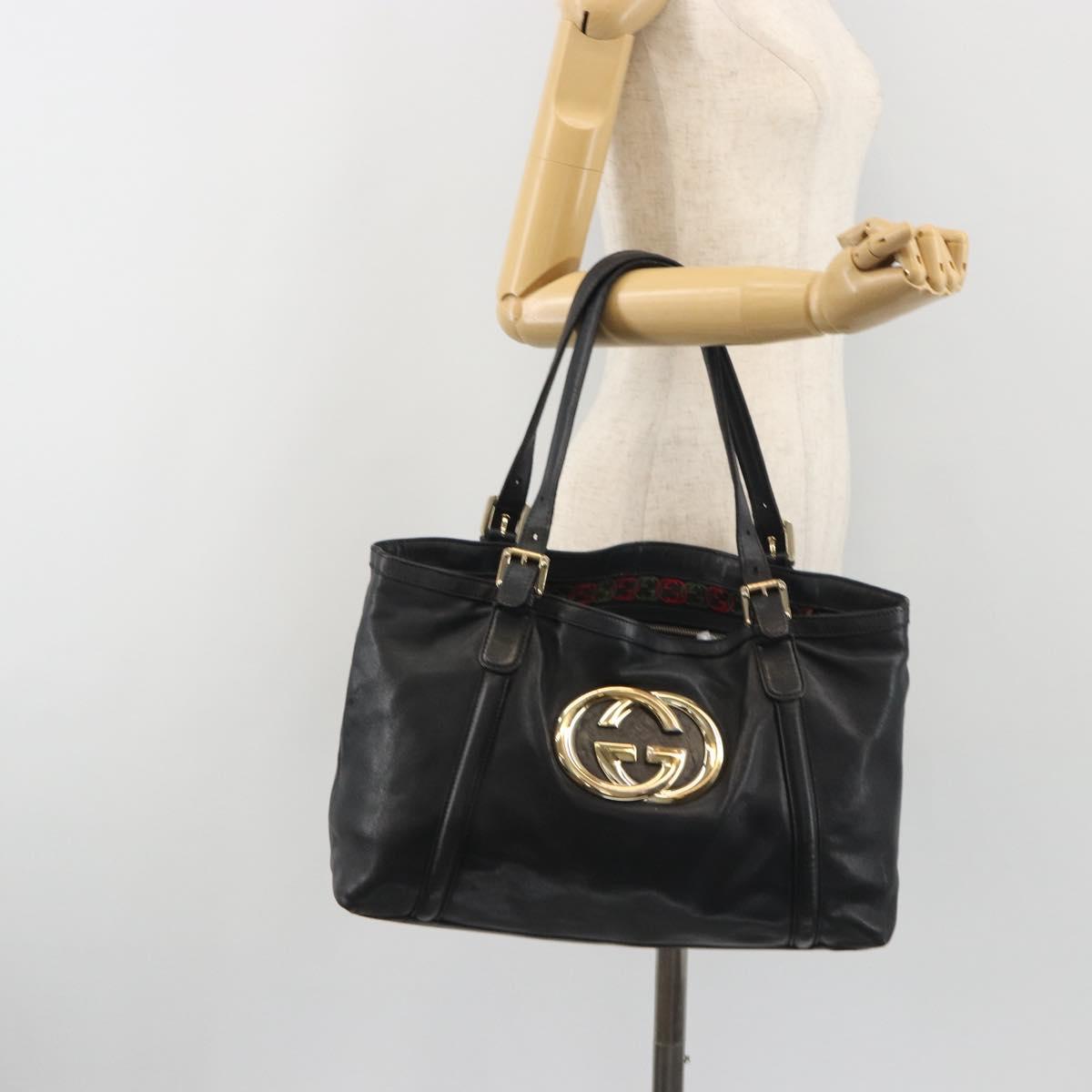 GUCCI New Brit Hand Bag Leather Black Gold 162094 Auth bs36279