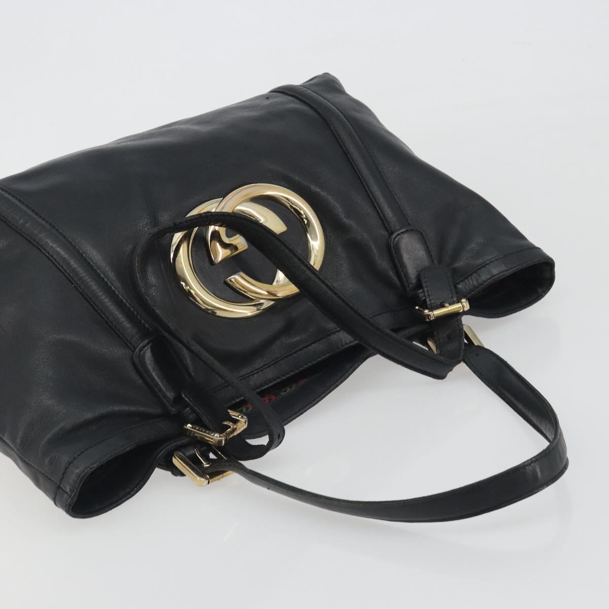 GUCCI New Brit Hand Bag Leather Black Gold 162094 Auth bs36279