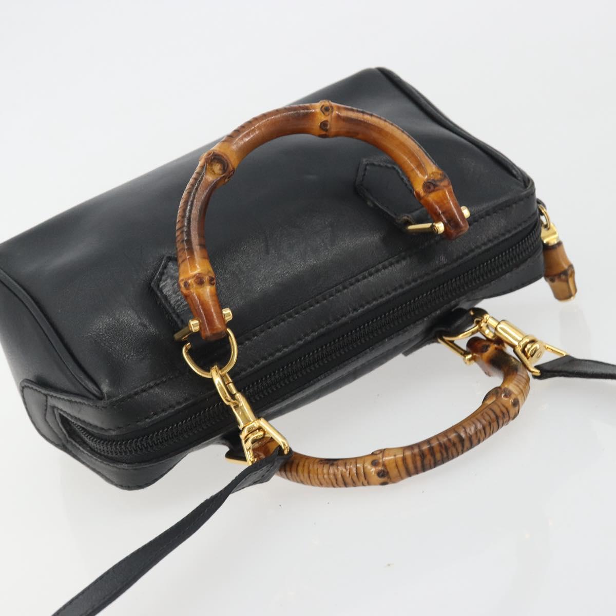 GUCCI Bamboo Hand Bag Leather 2way Black Gold 007 122 0232 Auth bs36283