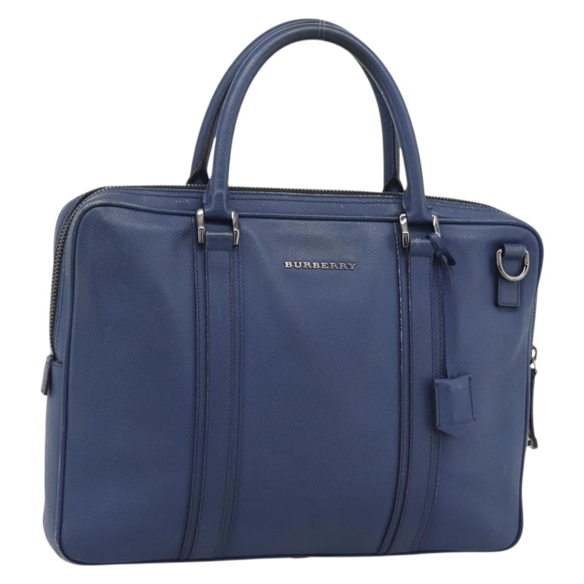 BURBERRY Business Bag Leather Blue Silver Auth bs36287
