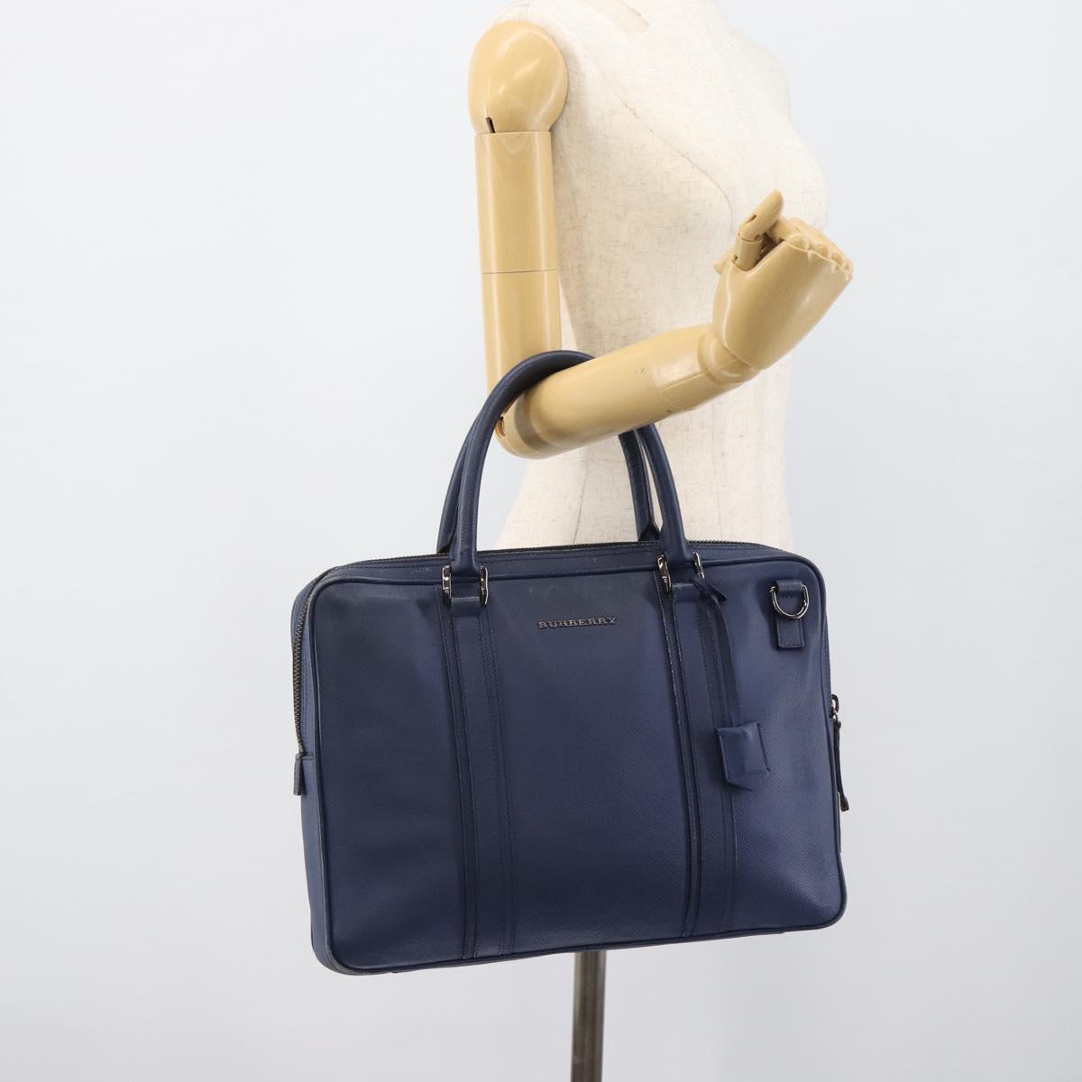 BURBERRY Business Bag Leather Blue Silver Auth bs36287