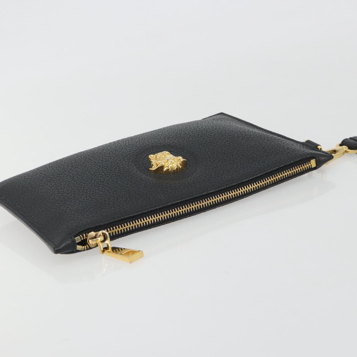 VERSACE Clutch Bag Leather Black Gold Auth bs36298A