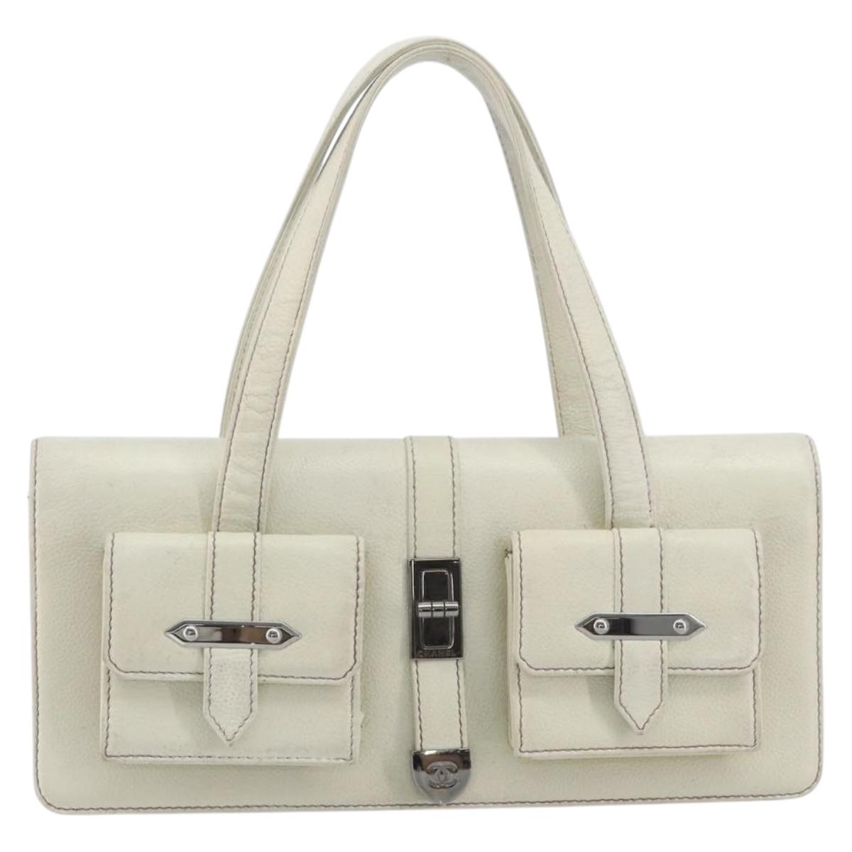 CHANEL Hand Bag Leather White Silver CC Auth bs36301A