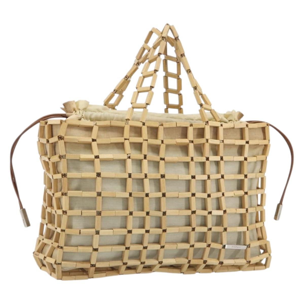 Salvatore Ferragamo Hand Bag Canvas Beige Silver Auth bs36308A
