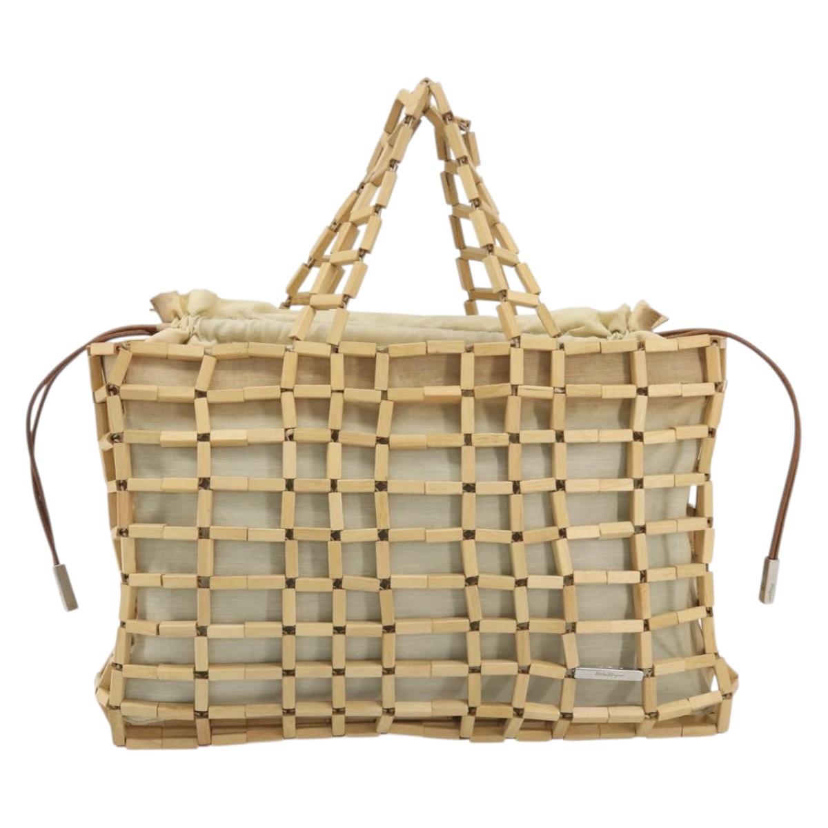 Salvatore Ferragamo Hand Bag Canvas Beige Silver Auth bs36308A