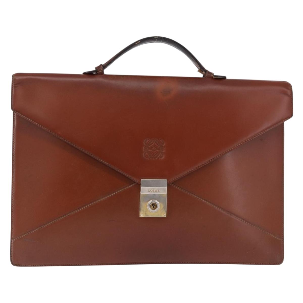 LOEWE Business Bag Leather Brown Gold Auth bs36313