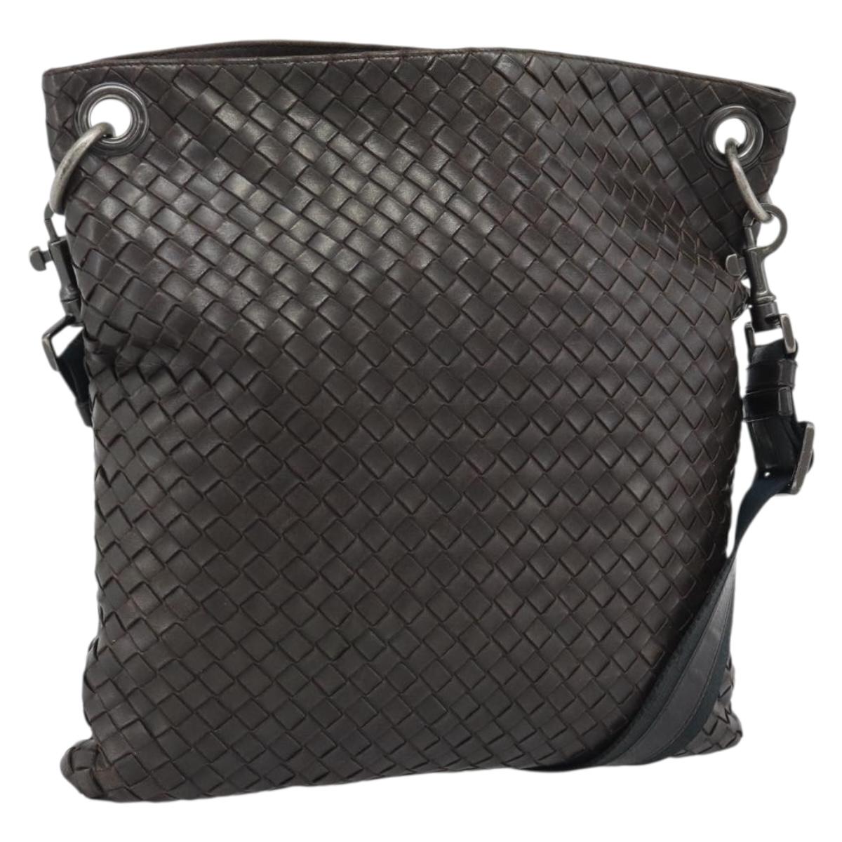 BOTTEGA VENETA INTRECCIATO Shoulder Bag Leather Brown Silver Auth bs36318