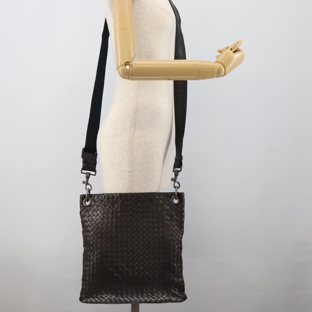 BOTTEGA VENETA INTRECCIATO Shoulder Bag Leather Brown Silver Auth bs36318